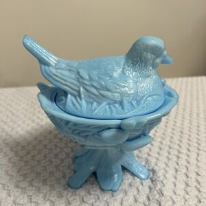 Westmoreland Blue Milk Glass Robin on Nest Candy Trinket Dish Bird Cottage Vtg